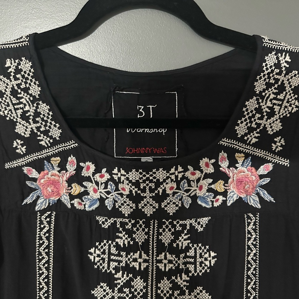 Johnny Was 3J Workshop Embroidered🌸Yoke Dress – Black Floral Boho | Size S